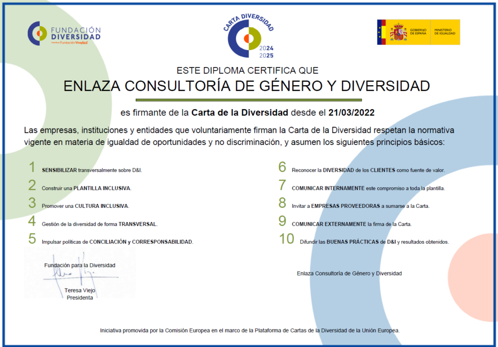 Enlaza Consultoría de Género y Diversidad es firmante de la Carta de la Diversidad desde el 21/03/2022