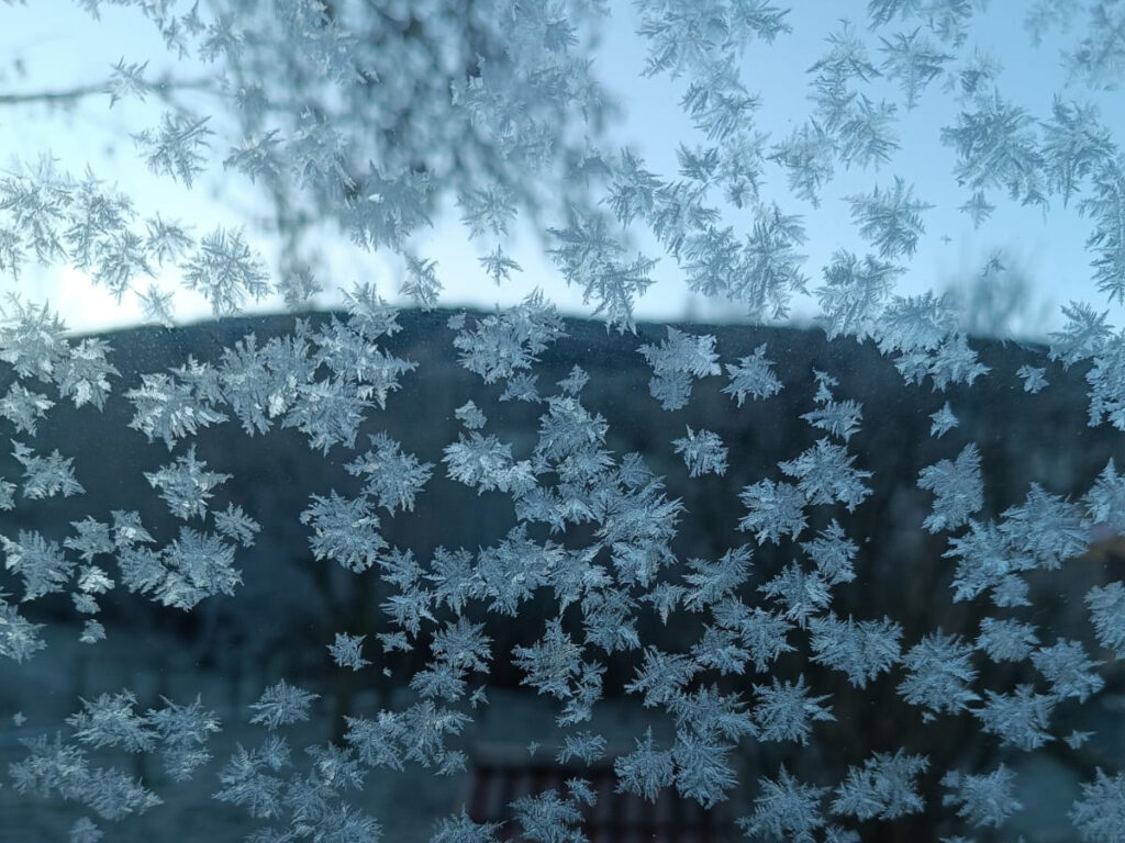 Cristal con copos de nieve adheridos, tras el que se observa un paisaje nevado.
